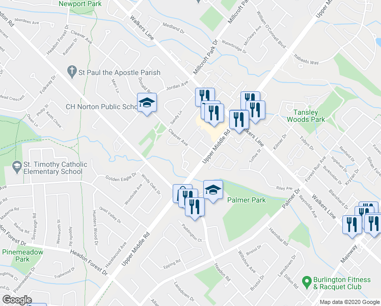 map of restaurants, bars, coffee shops, grocery stores, and more near in Burlington