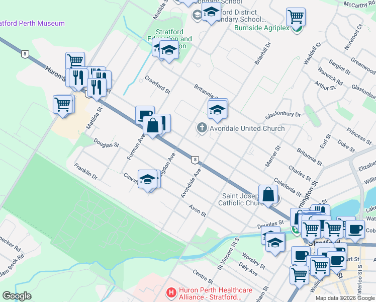map of restaurants, bars, coffee shops, grocery stores, and more near in Stratford