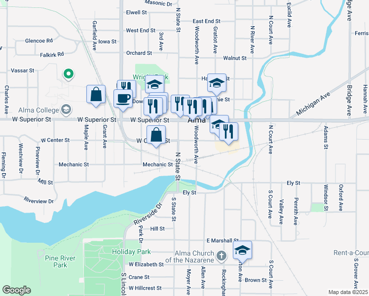 map of restaurants, bars, coffee shops, grocery stores, and more near 226 North State Street in Alma