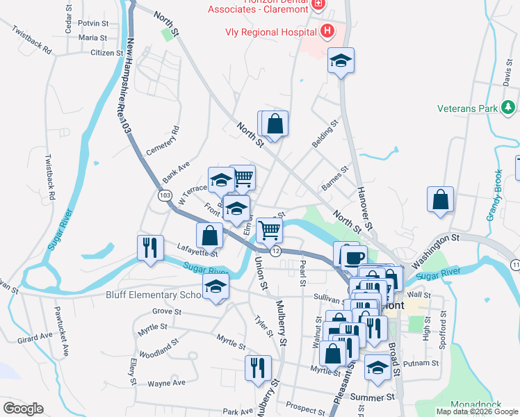map of restaurants, bars, coffee shops, grocery stores, and more near 20 Schmitt Street in Claremont