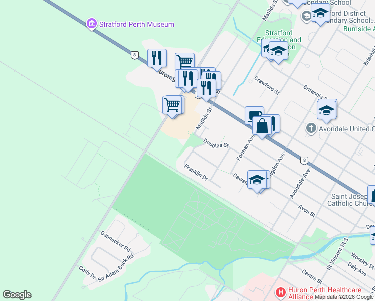 map of restaurants, bars, coffee shops, grocery stores, and more near 159 Franklin Drive in Stratford