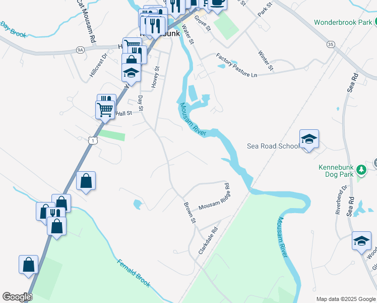 map of restaurants, bars, coffee shops, grocery stores, and more near 8 Riverside Place in Kennebunk