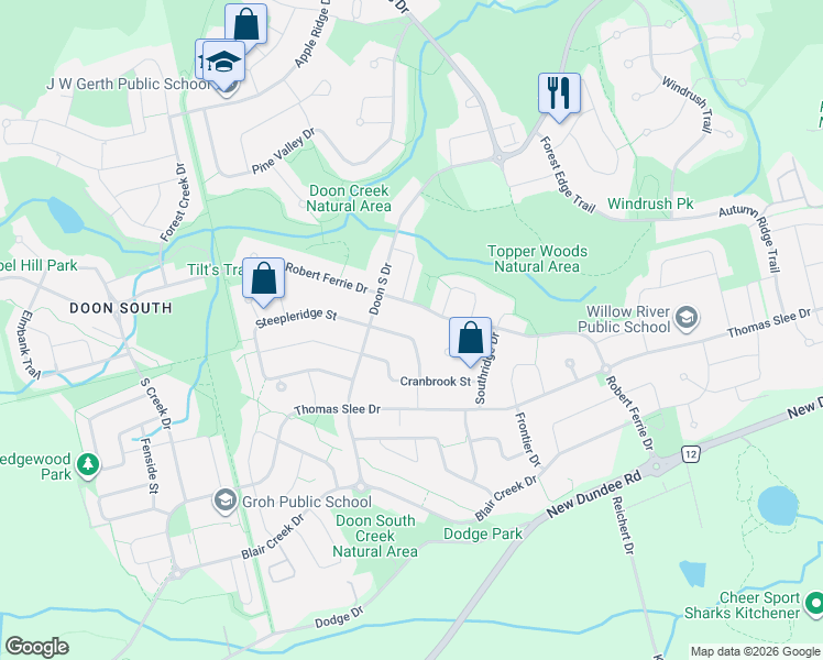 map of restaurants, bars, coffee shops, grocery stores, and more near 48 Steepleridge Street in Kitchener