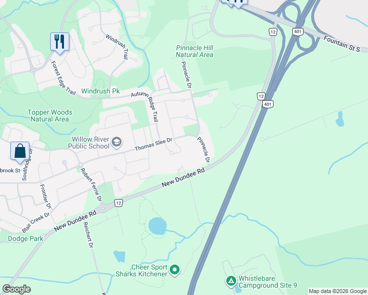 map of restaurants, bars, coffee shops, grocery stores, and more near 18 Pearwood Court in Kitchener