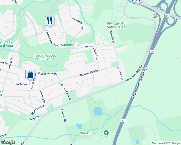 map of restaurants, bars, coffee shops, grocery stores, and more near 739 Thomas Slee Drive in Kitchener