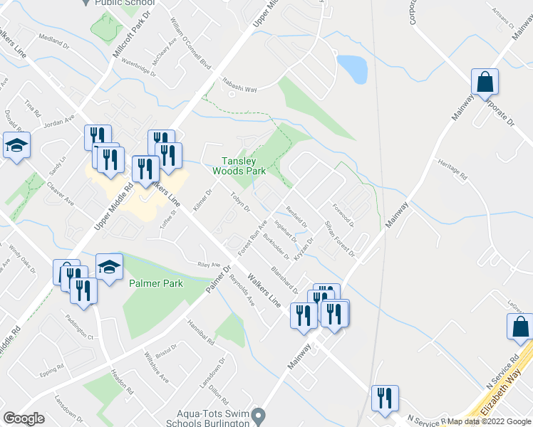 map of restaurants, bars, coffee shops, grocery stores, and more near in Burlington