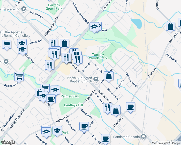 map of restaurants, bars, coffee shops, grocery stores, and more near in Burlington