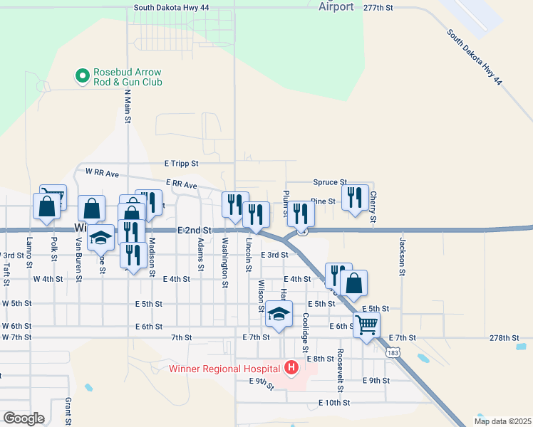 map of restaurants, bars, coffee shops, grocery stores, and more near 626 East 2nd Street in Winner