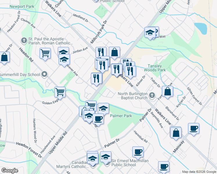 map of restaurants, bars, coffee shops, grocery stores, and more near 3480 Upper Middle Road in Burlington