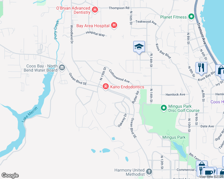 map of restaurants, bars, coffee shops, grocery stores, and more near 1790 Ocean Boulevard Southeast in Coos Bay