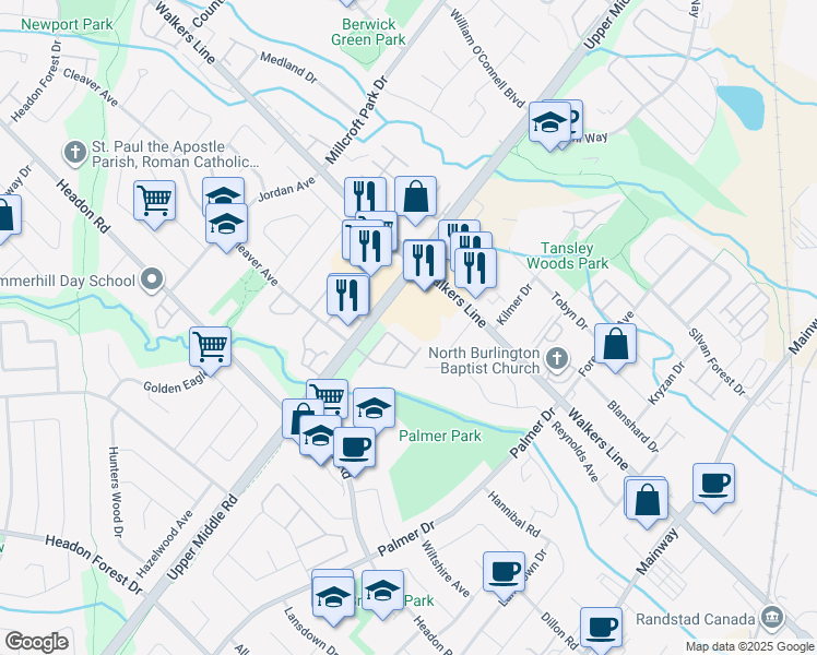map of restaurants, bars, coffee shops, grocery stores, and more near 1830 Walkers Line in Burlington