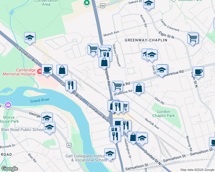 map of restaurants, bars, coffee shops, grocery stores, and more near 10 Hespeler Road in Cambridge