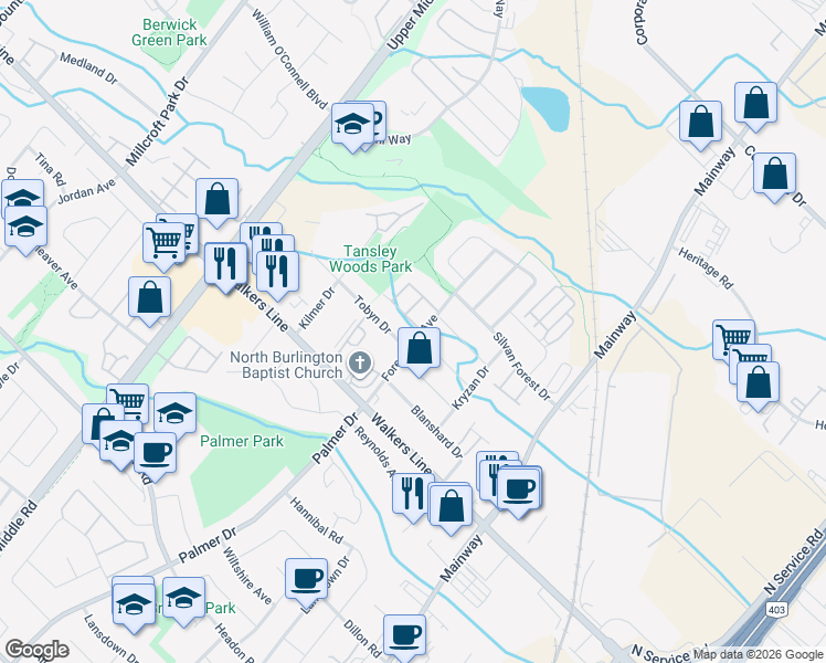map of restaurants, bars, coffee shops, grocery stores, and more near 4055 Forest Run Avenue in Burlington