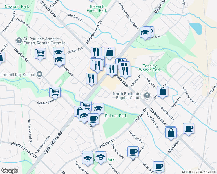 map of restaurants, bars, coffee shops, grocery stores, and more near 1830 Walkers Line in Burlington