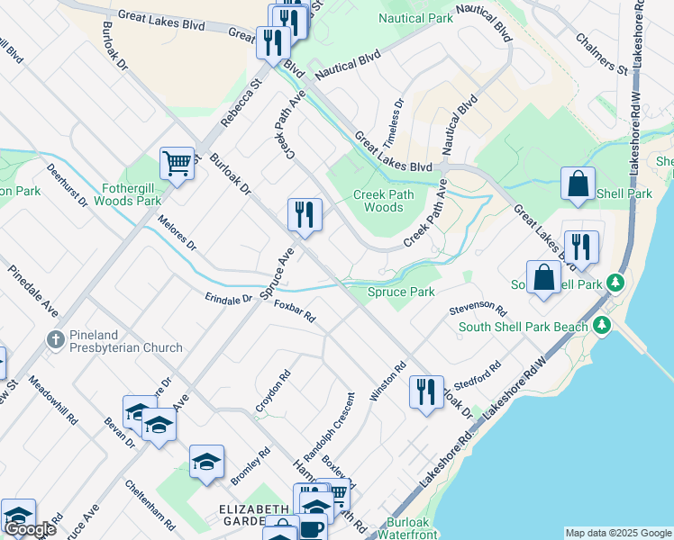 map of restaurants, bars, coffee shops, grocery stores, and more near 307 Burloak Drive in Oakville