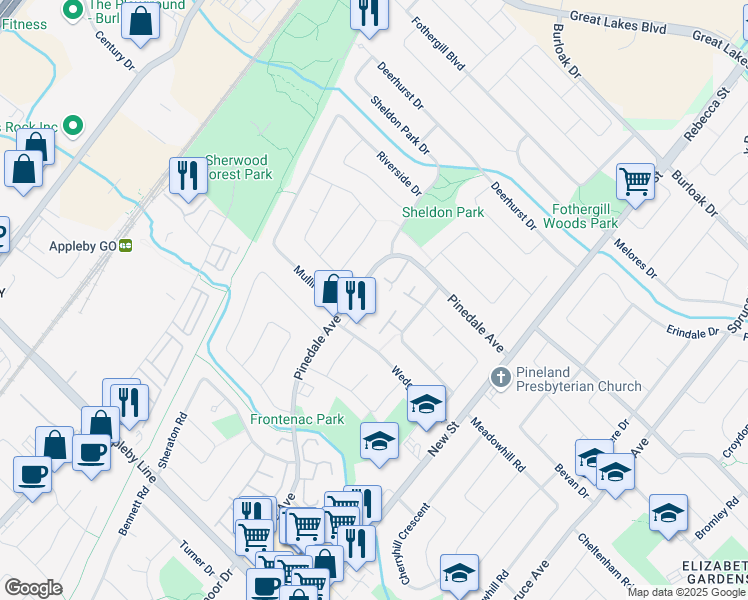 map of restaurants, bars, coffee shops, grocery stores, and more near 5250 Pinedale Avenue in Burlington