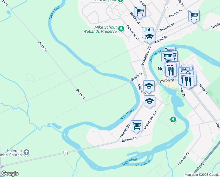 map of restaurants, bars, coffee shops, grocery stores, and more near 150 Shade Street in New Hamburg