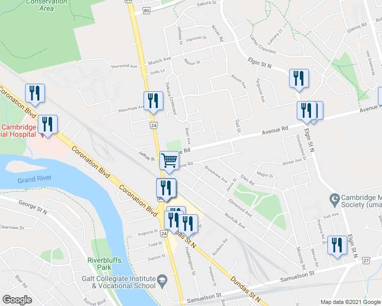 map of restaurants, bars, coffee shops, grocery stores, and more near 34 Avenue Road in Cambridge