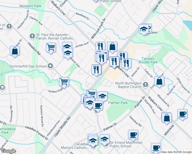 map of restaurants, bars, coffee shops, grocery stores, and more near in Burlington