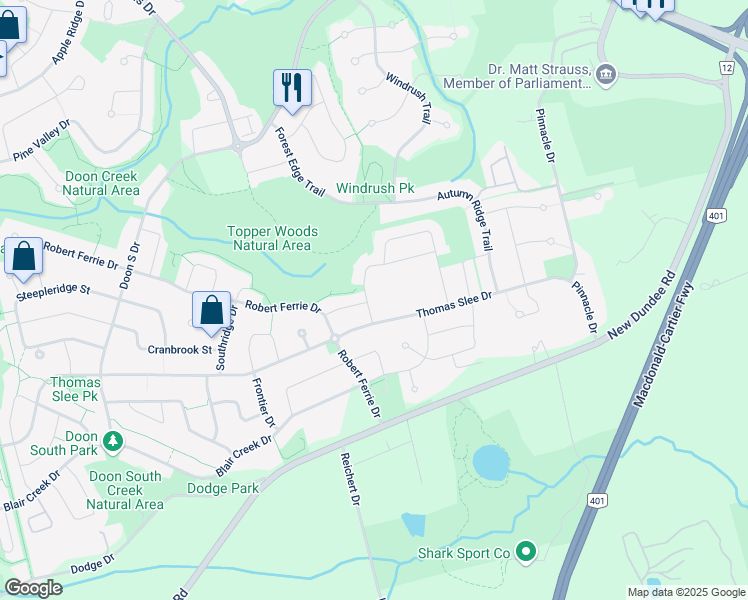 map of restaurants, bars, coffee shops, grocery stores, and more near 18 Monarch Woods Drive in Kitchener