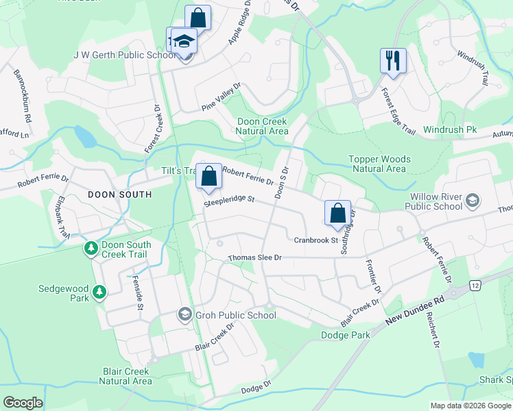 map of restaurants, bars, coffee shops, grocery stores, and more near 160 Cranbrook Street in Kitchener