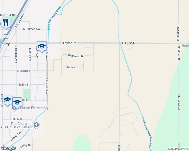 map of restaurants, bars, coffee shops, grocery stores, and more near 1274 Butte Road in Shelley