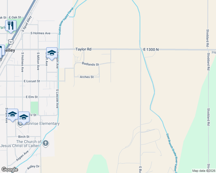 map of restaurants, bars, coffee shops, grocery stores, and more near 1274 Butte Road in Shelley