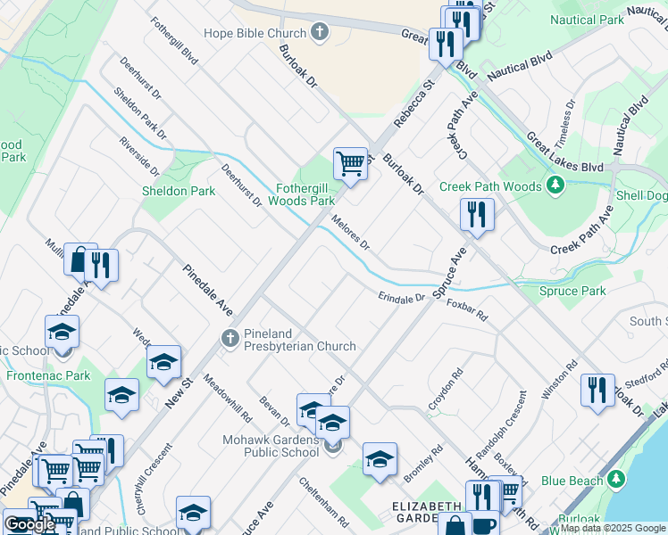 map of restaurants, bars, coffee shops, grocery stores, and more near 5407 Scott Court in Burlington