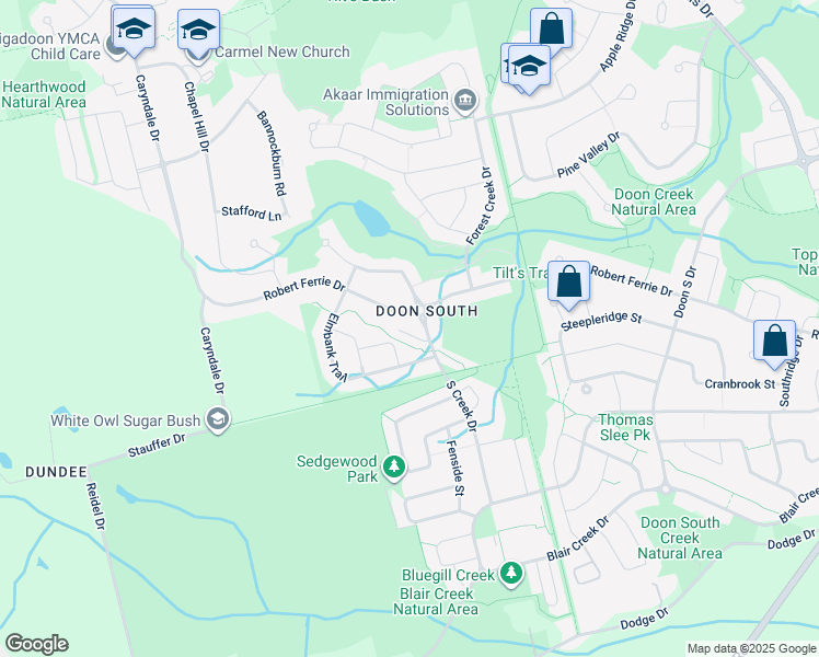 map of restaurants, bars, coffee shops, grocery stores, and more near 6 Elmbank Trail in Kitchener