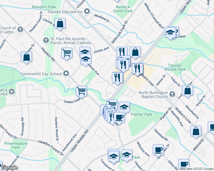 map of restaurants, bars, coffee shops, grocery stores, and more near 2040 Cleaver Avenue in Burlington
