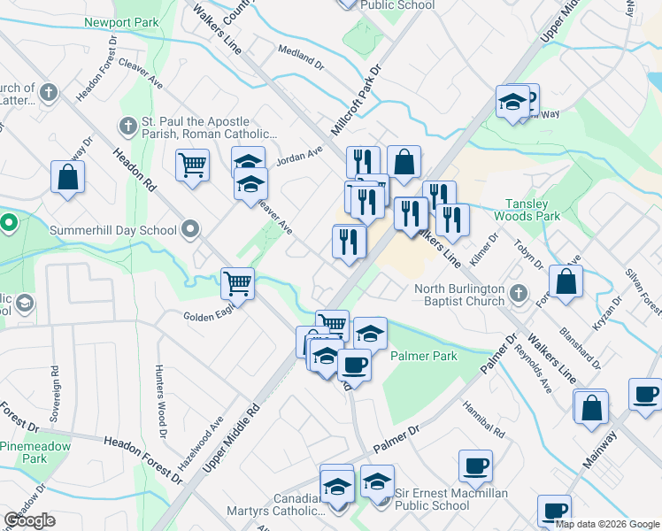 map of restaurants, bars, coffee shops, grocery stores, and more near Cleaver Avenue in Burlington