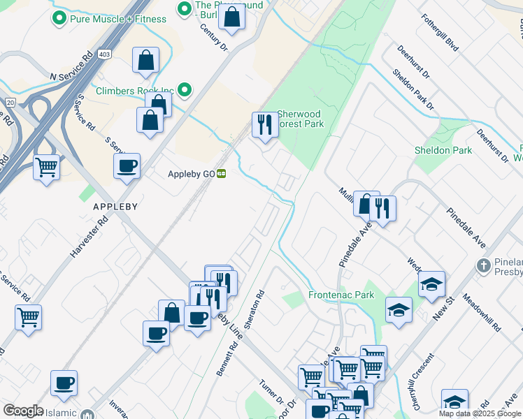 map of restaurants, bars, coffee shops, grocery stores, and more near 5111 Fairview Street in Burlington