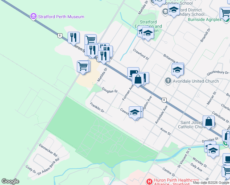 map of restaurants, bars, coffee shops, grocery stores, and more near 369-399 Douglas Street in Stratford