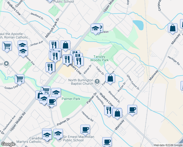 map of restaurants, bars, coffee shops, grocery stores, and more near 1441 Walkers Line in Burlington
