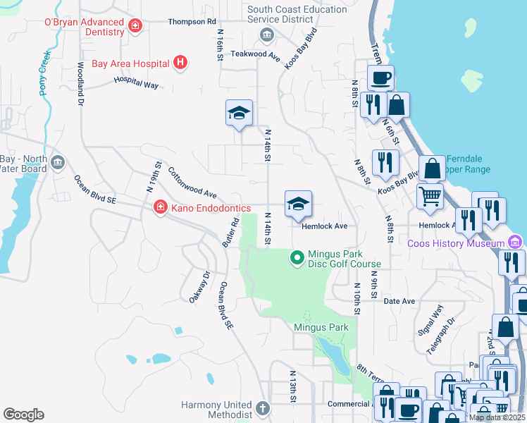 map of restaurants, bars, coffee shops, grocery stores, and more near 2625 Koos Bay Boulevard in Coos Bay