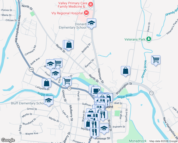 map of restaurants, bars, coffee shops, grocery stores, and more near 99 North Street in Claremont