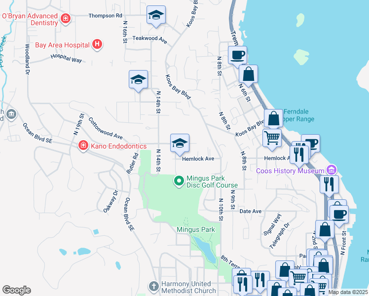 map of restaurants, bars, coffee shops, grocery stores, and more near 1161 Juniper Avenue in Coos Bay