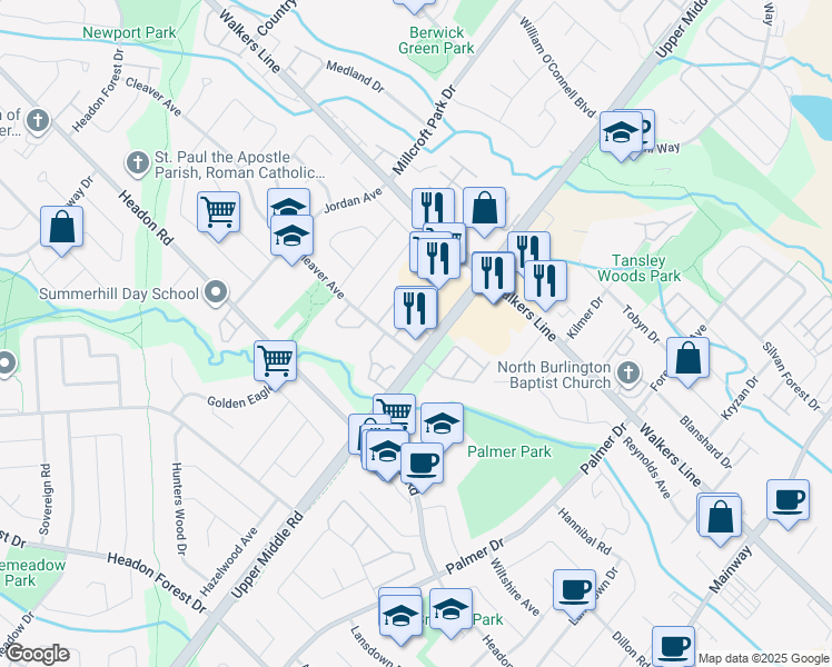 map of restaurants, bars, coffee shops, grocery stores, and more near in Burlington
