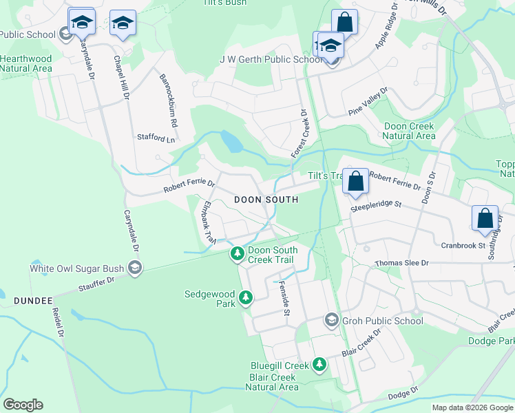 map of restaurants, bars, coffee shops, grocery stores, and more near 10 South Creek Drive in Kitchener