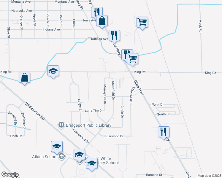 map of restaurants, bars, coffee shops, grocery stores, and more near 3121 Southfield Drive in Saginaw