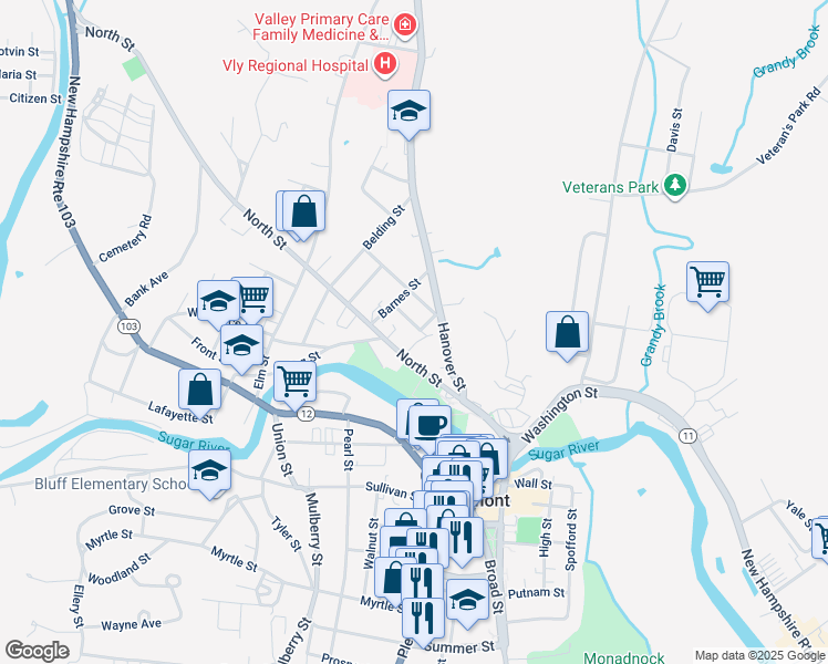 map of restaurants, bars, coffee shops, grocery stores, and more near 99 North Street in Claremont