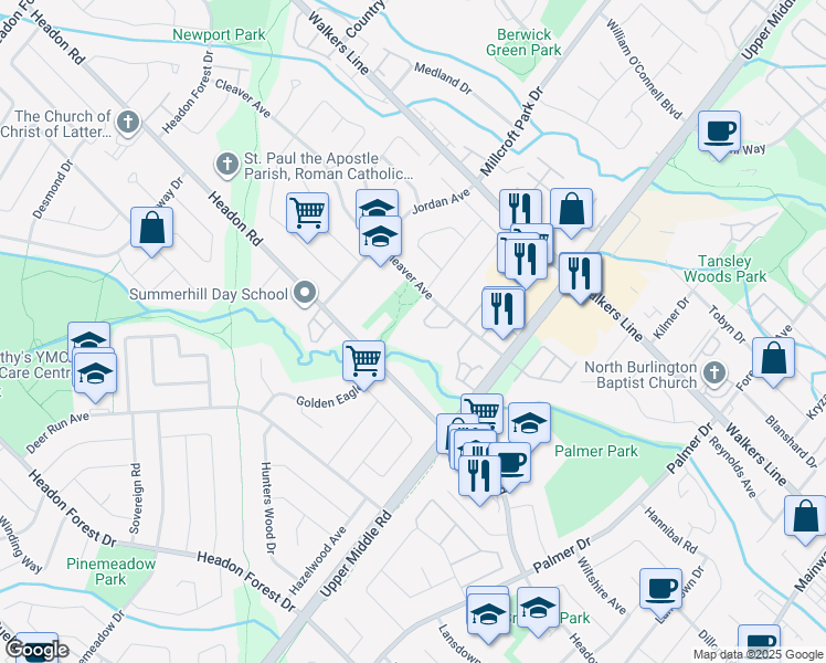 map of restaurants, bars, coffee shops, grocery stores, and more near in Burlington