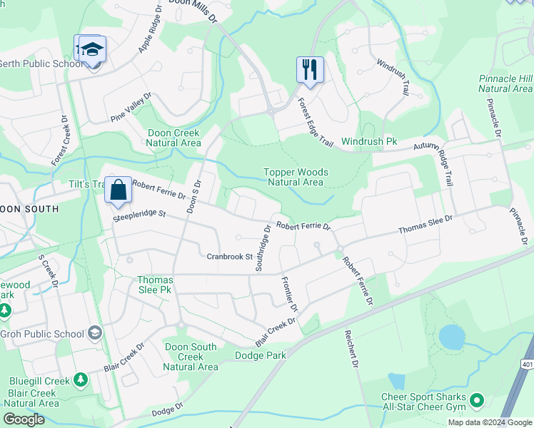 map of restaurants, bars, coffee shops, grocery stores, and more near 905 Marigold Court in Kitchener
