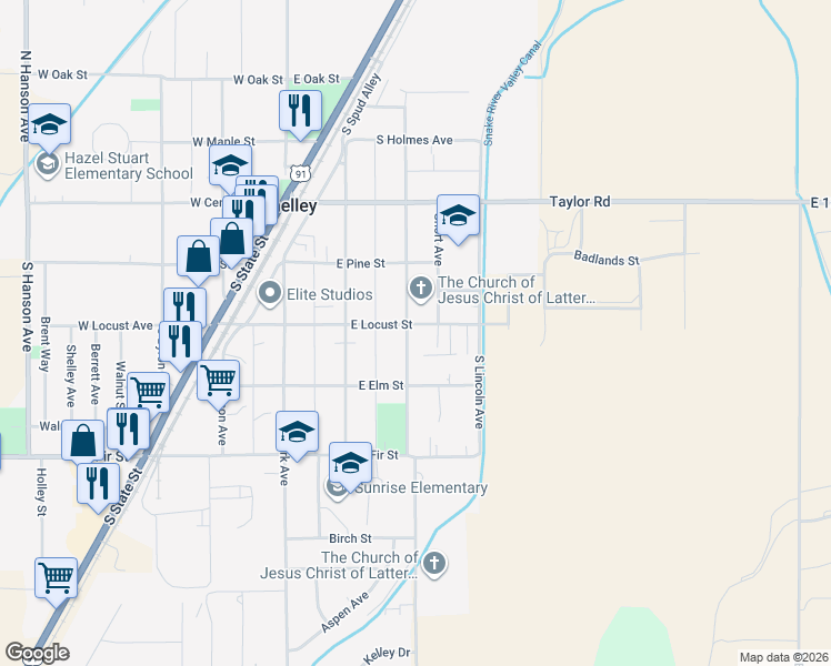 map of restaurants, bars, coffee shops, grocery stores, and more near 356 South Milton Avenue in Shelley