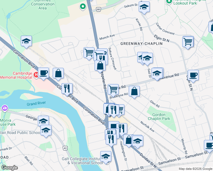 map of restaurants, bars, coffee shops, grocery stores, and more near 10 Hespeler Road in Cambridge
