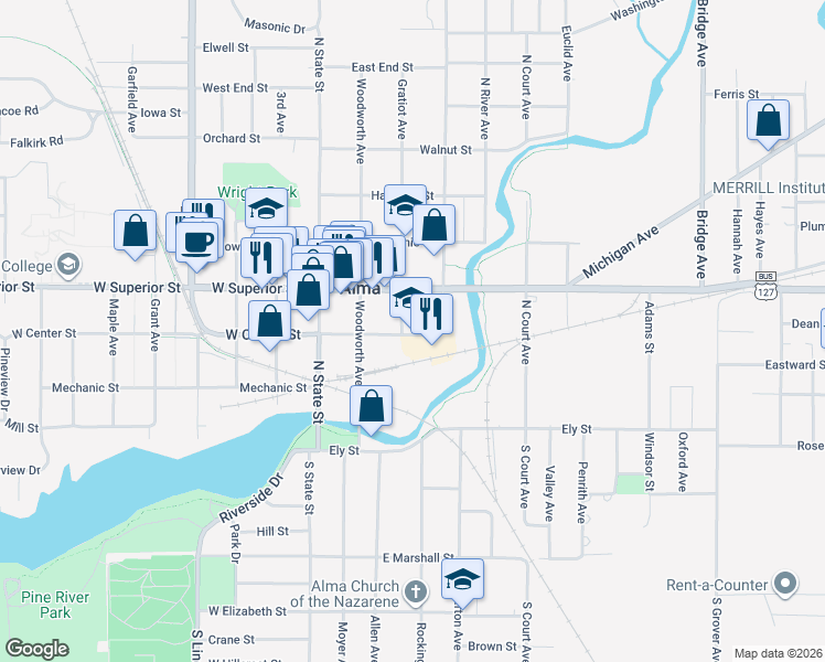 map of restaurants, bars, coffee shops, grocery stores, and more near 300 Gratiot Avenue in Alma