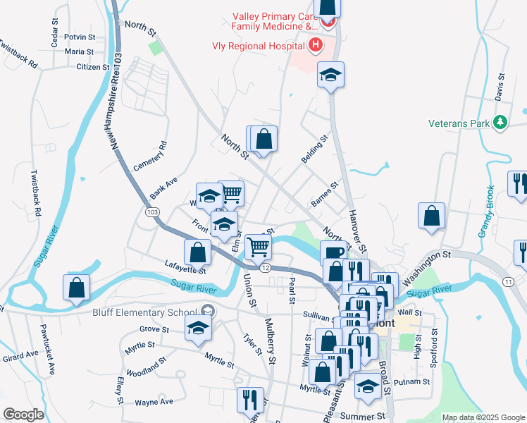 map of restaurants, bars, coffee shops, grocery stores, and more near 60 Elm Street in Claremont