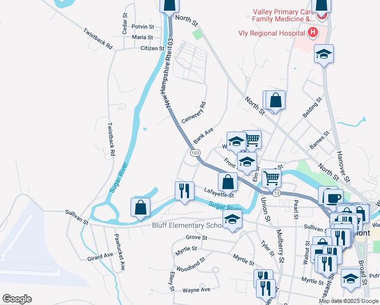 map of restaurants, bars, coffee shops, grocery stores, and more near 285 Main Street in Claremont