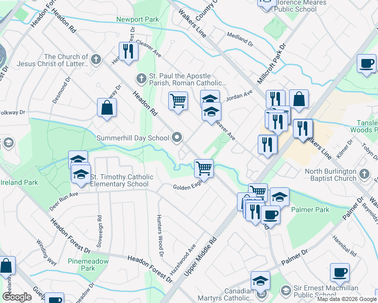 map of restaurants, bars, coffee shops, grocery stores, and more near 3306 Jordan Avenue in Burlington