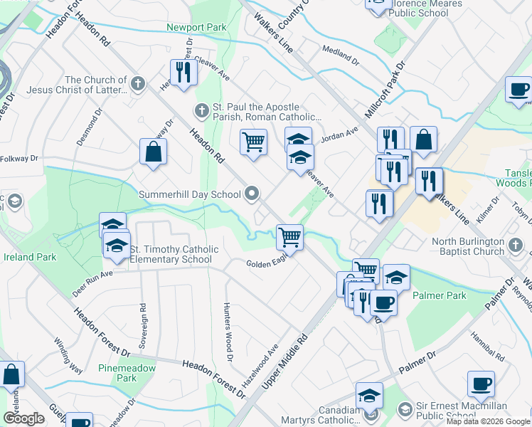map of restaurants, bars, coffee shops, grocery stores, and more near 2110 Headon Road in Burlington